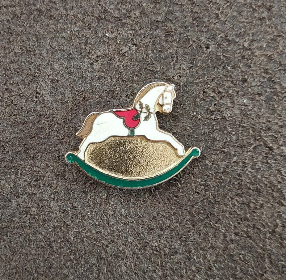 1989 Hallmark Rocking Horse Gold Tone With White, Red & Green Enamel Pin