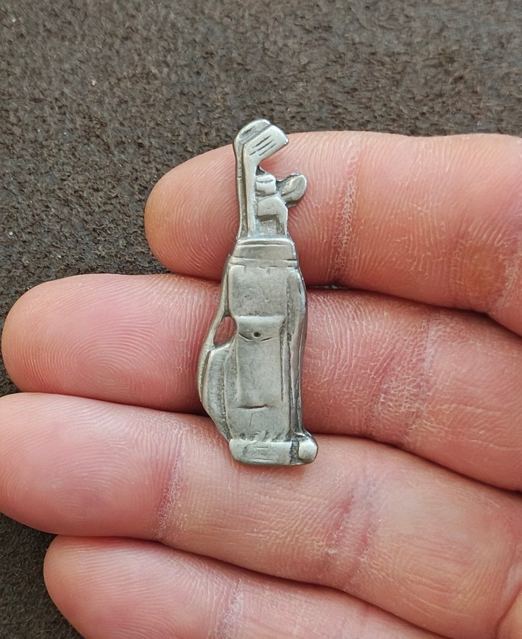 1970s Detailed Pewter Golf Clubs In Bag Brooch Pin