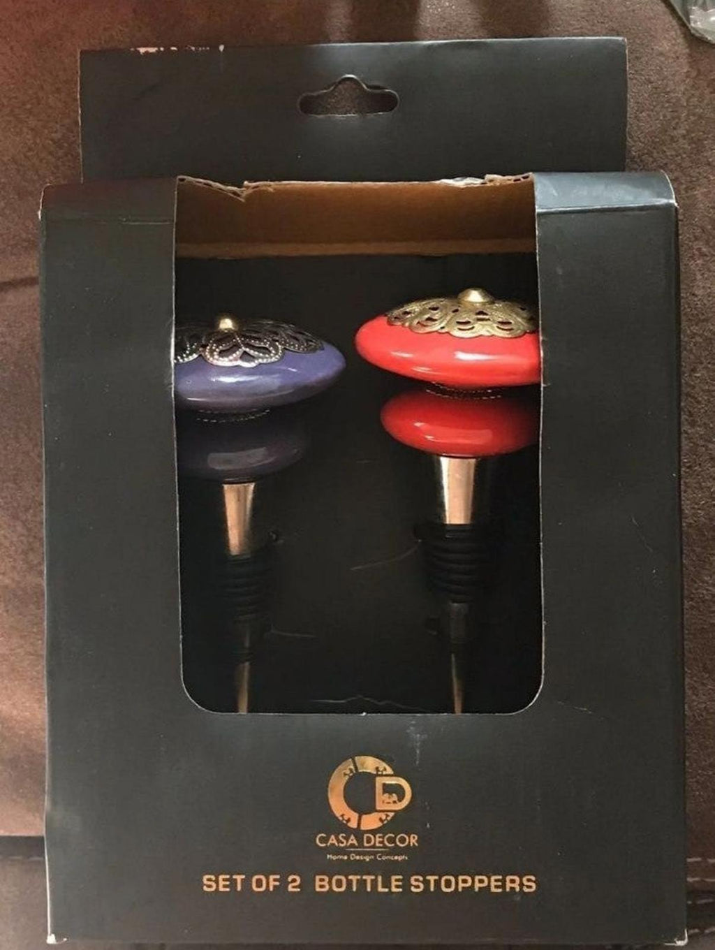 Beautiful Set Of Ceramic Door Knob Cork Purple And Red Wine Stoppers