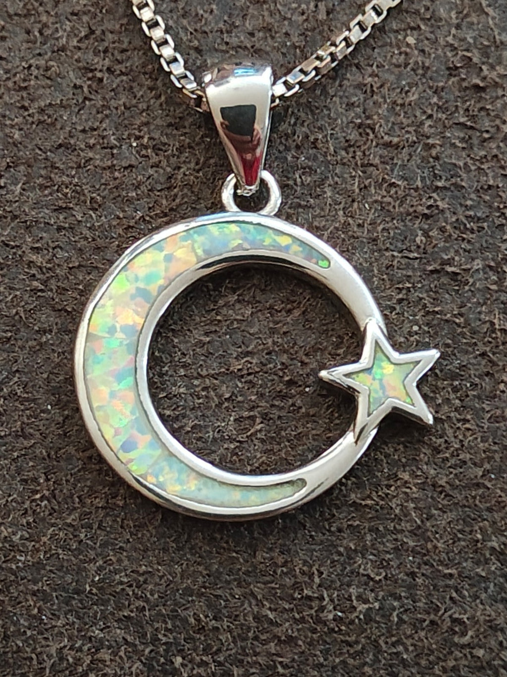 Dainty 925 Sterling Silver White Fire Opal Moon & Star Celestial Necklace