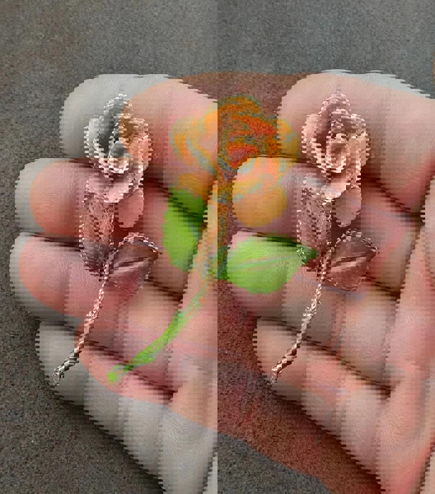 1980's Green and Orange Enamel Gold Trimmed Leaves Enamel Pin