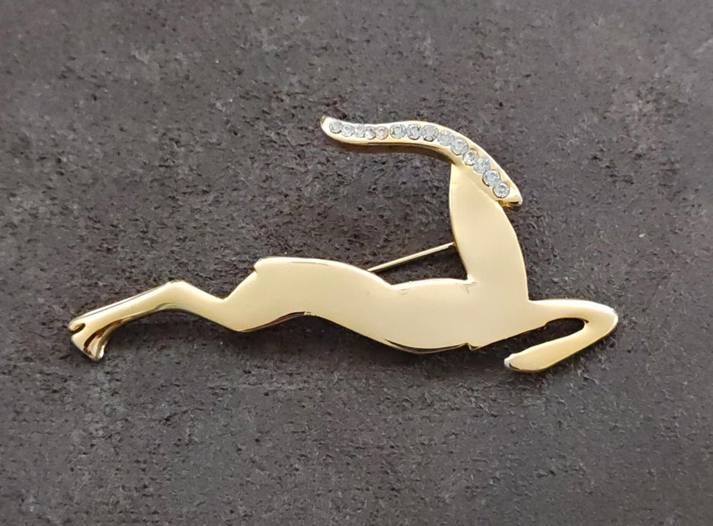 80s Large Gold Tone Leaping Gazelle or Impala With Sparking Rhinestones Brooch