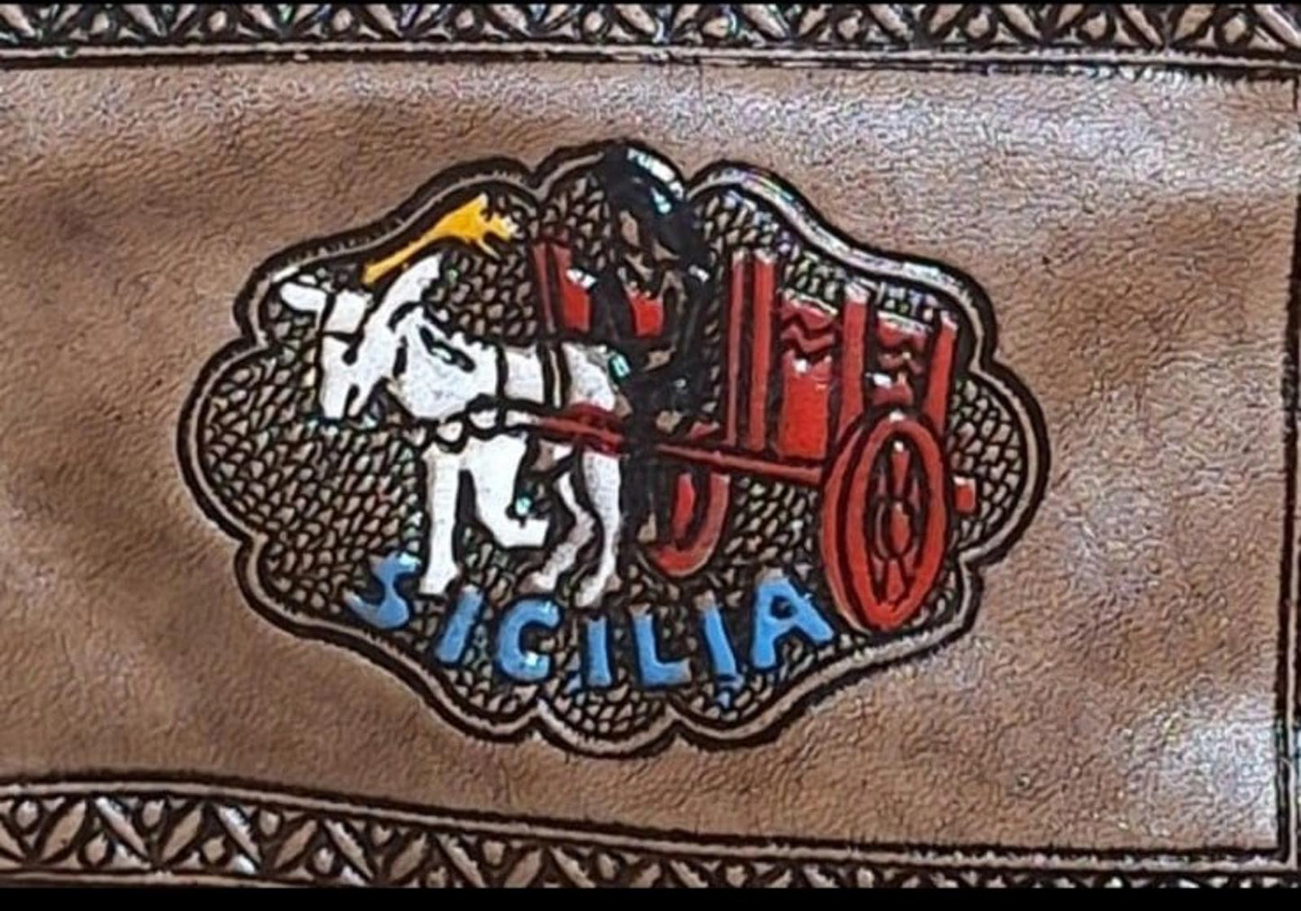 Great Looking Vintage Sicilia/Sicily Tan Leather Embossed Coin Purse Wallet.