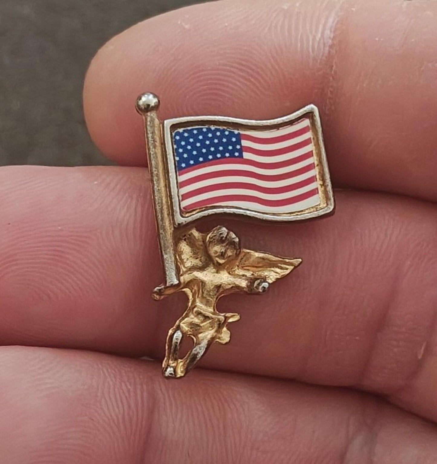 70s Signed FAF Inc. Gold Tone Patriotic American Flag Guardian Angel/Cherub Pin