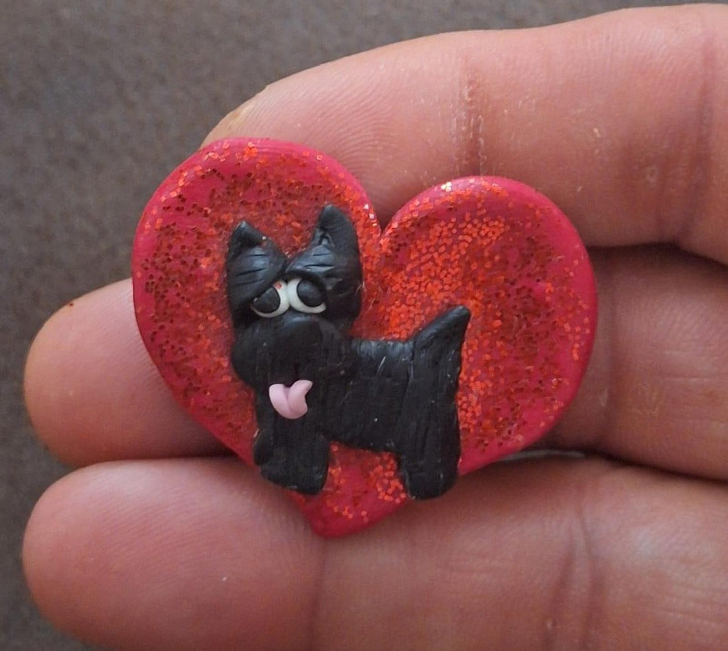 Glittery Red Heart With Black Scotty Dog With Pink Tongue Sticking Out Pin