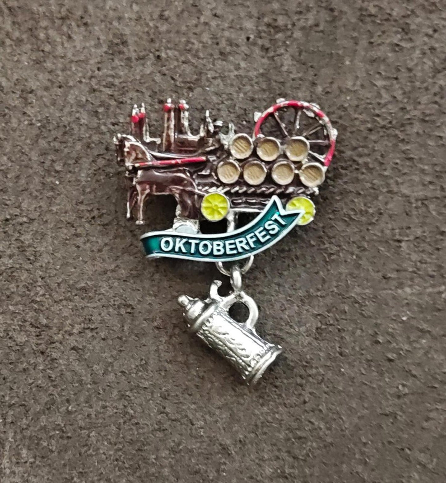 German Oktoberfest Beer Wagon With a Banner and a Dangling Beer Stein Brooch