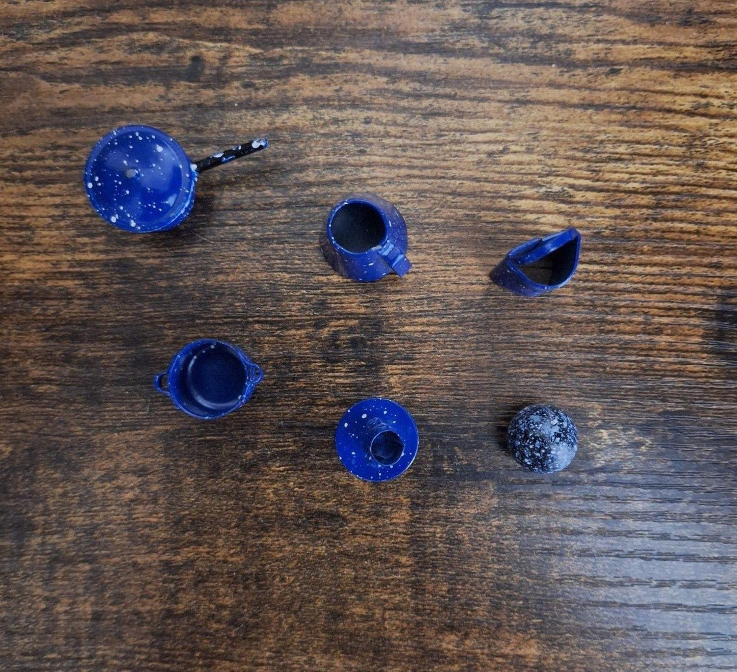 1980's Dollhouse Miniature Blue Speckled Metal Pots Pans