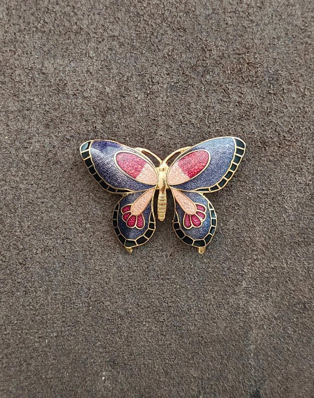 Butterfly enamel brooch, front view with blue wings, red accents, and gold edging
