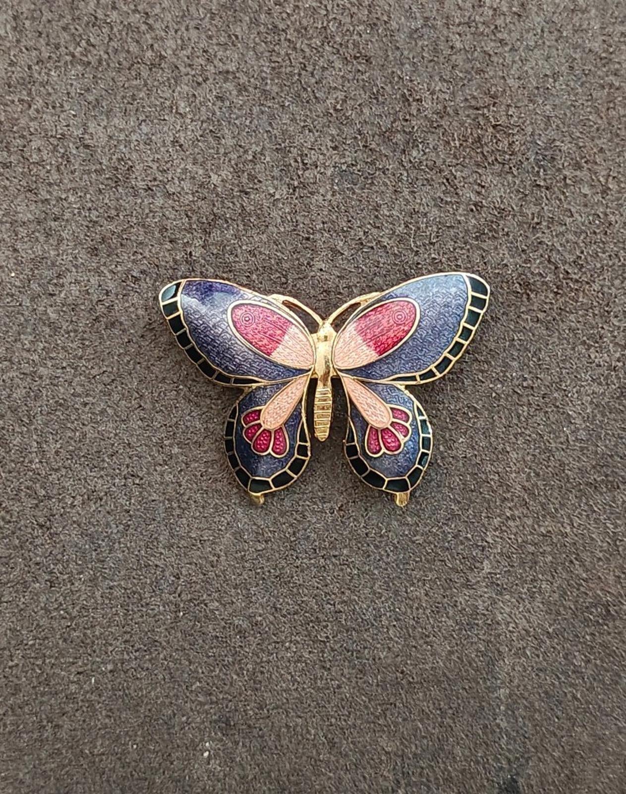 1980s Cloisonné Enamel Butterfly Gold Tone Brooch