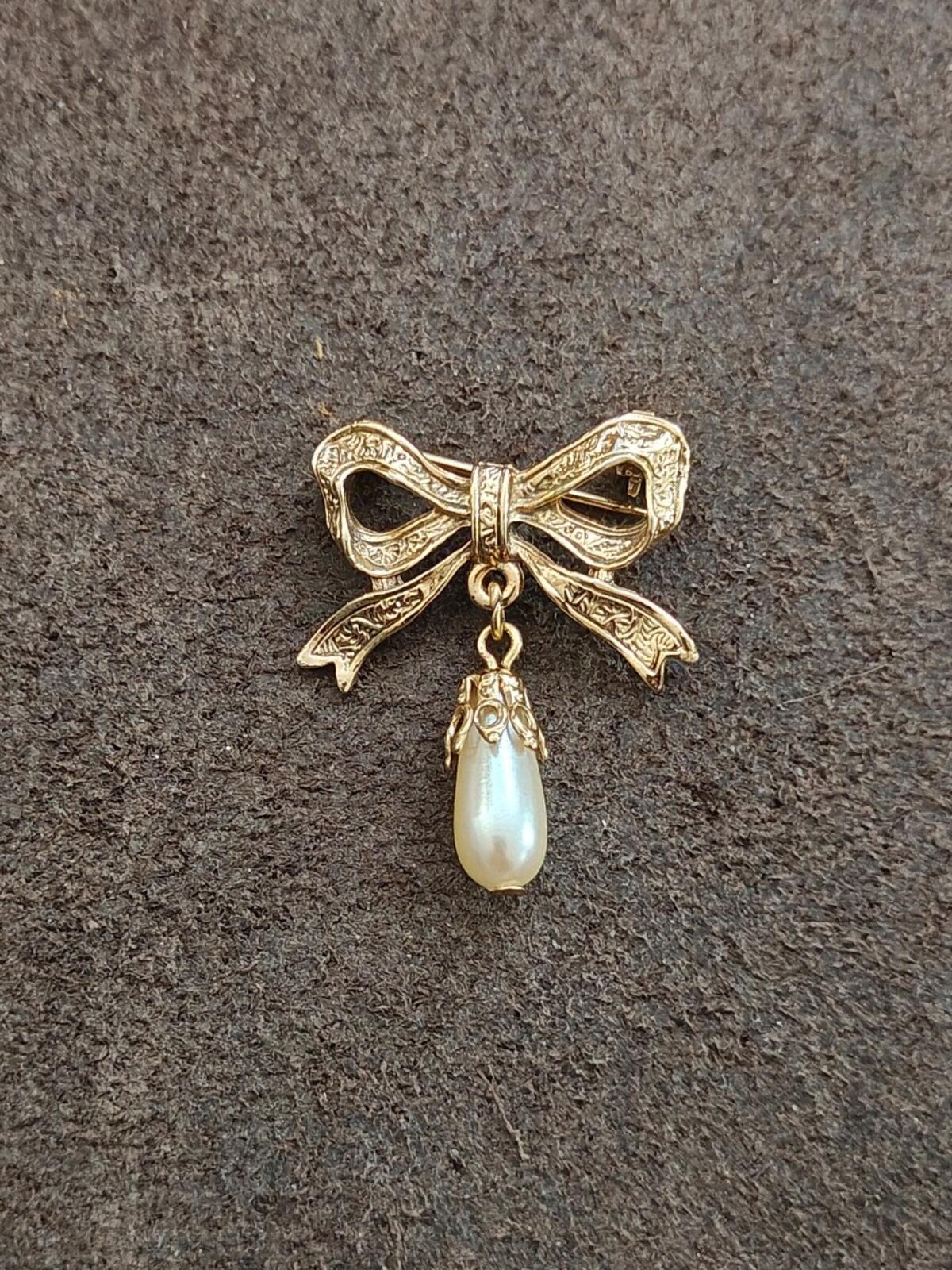 1980s Victorian Revival Embossed Gold Brooch With Dangling Faux Teardrop Pearl