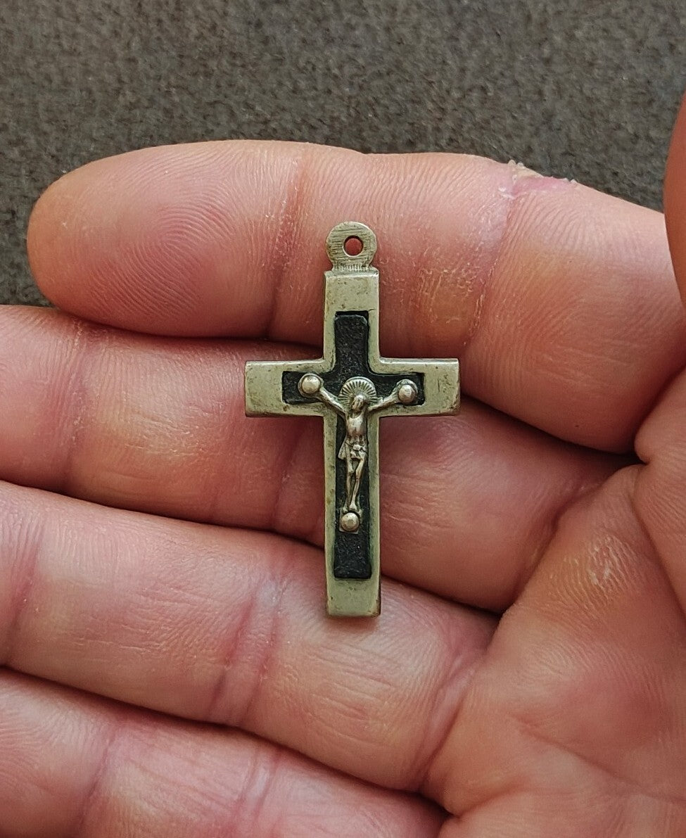 1930s Art Deco French Catholic Pectoral Crucifix With Ebony Wood Inlay Pendant