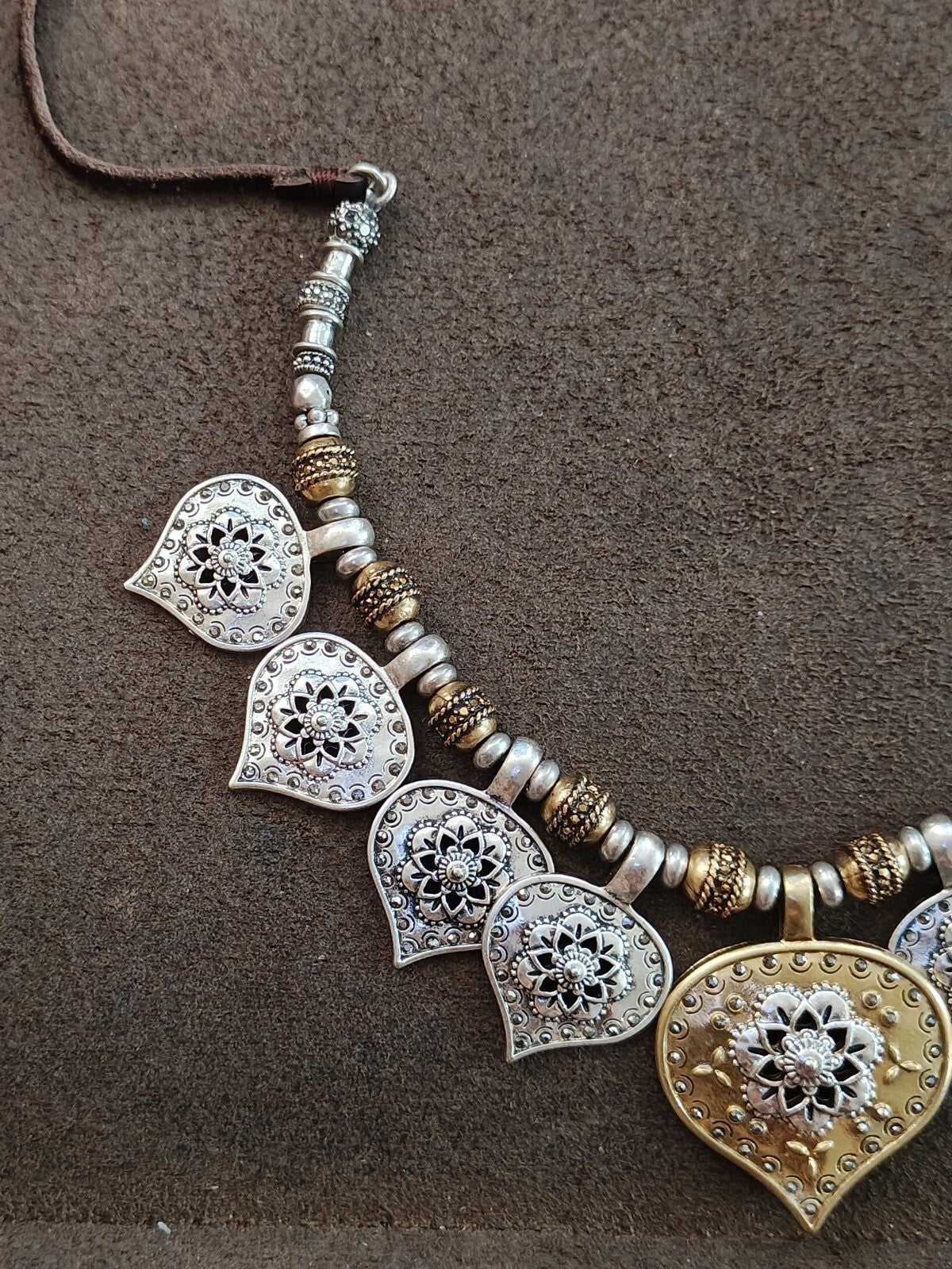Lucky Brand Two Tone Medallion Bead & Adjustable Leather Cord Pendant Necklace