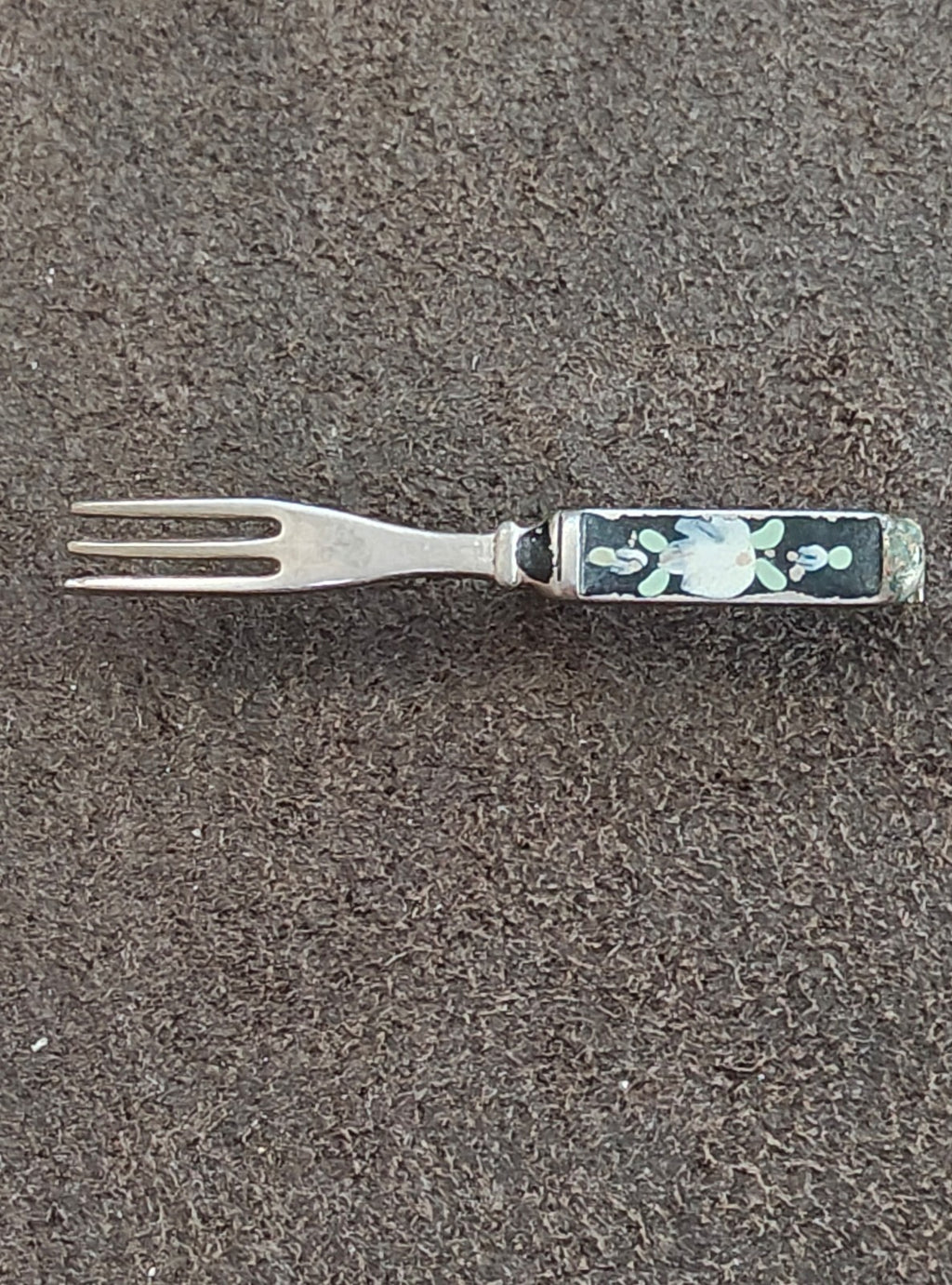 1930s/40s Miniature Silver Tone Fork With Floral Enamel Brooch Pin.