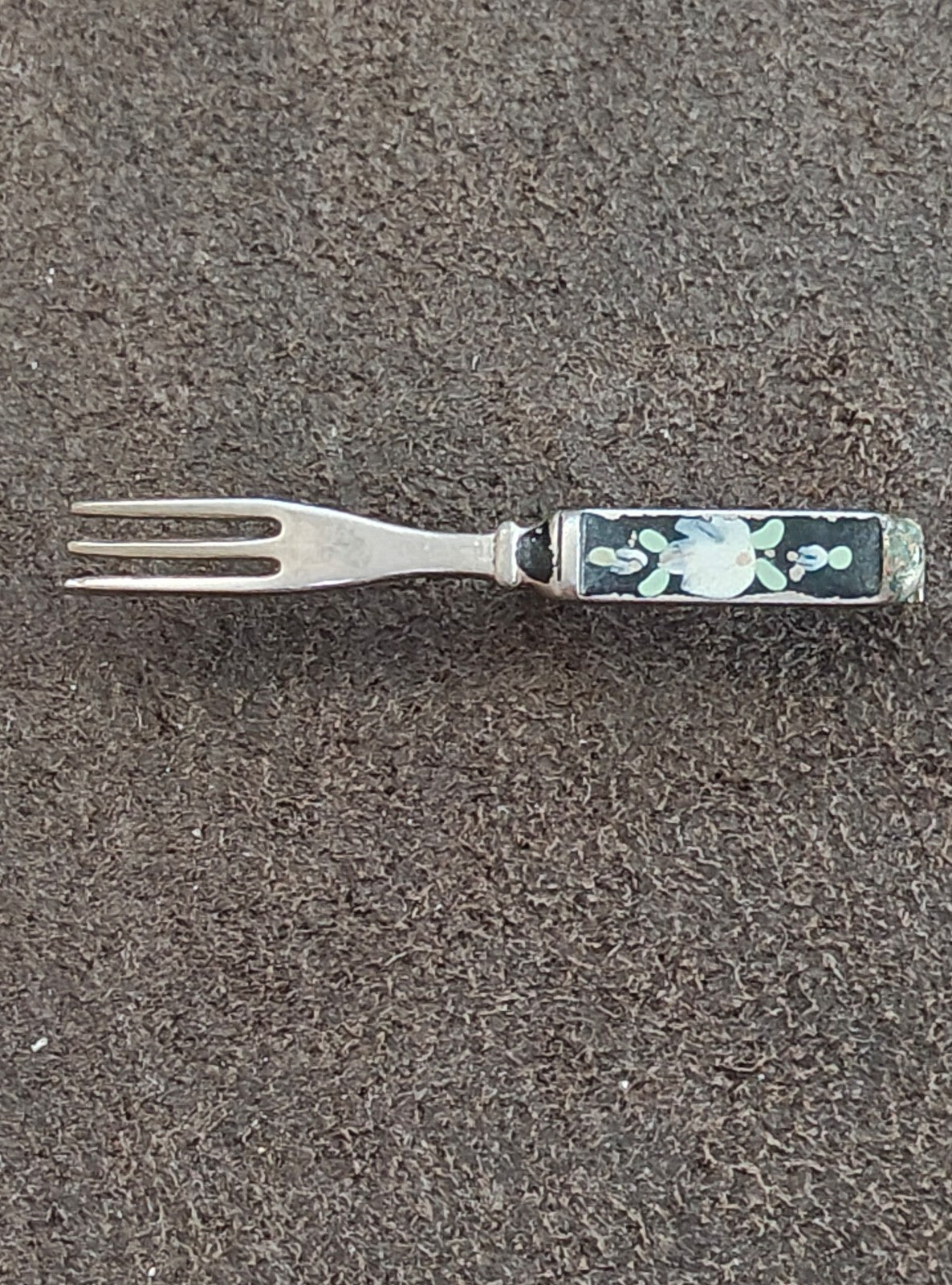 1930s/40s Miniature Silver Tone Fork With Floral Enamel Brooch Pin.