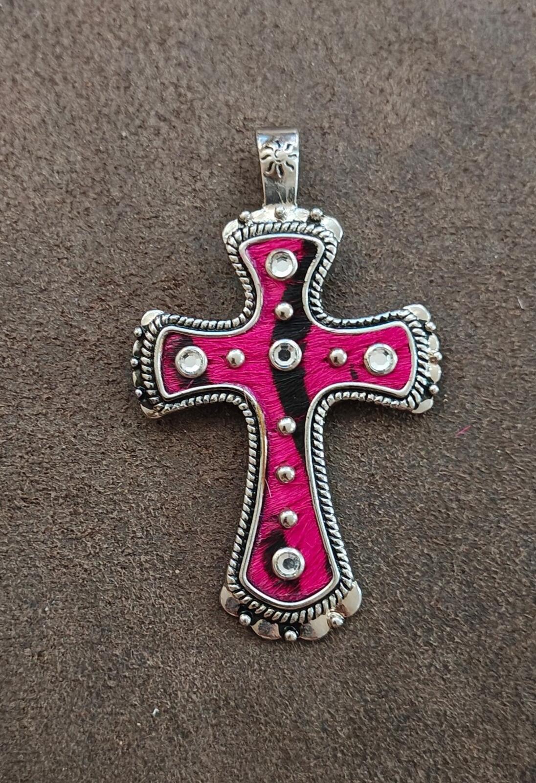 Western Style Pink Zebra Hair Inlay Cross Pendant With Rhinestones