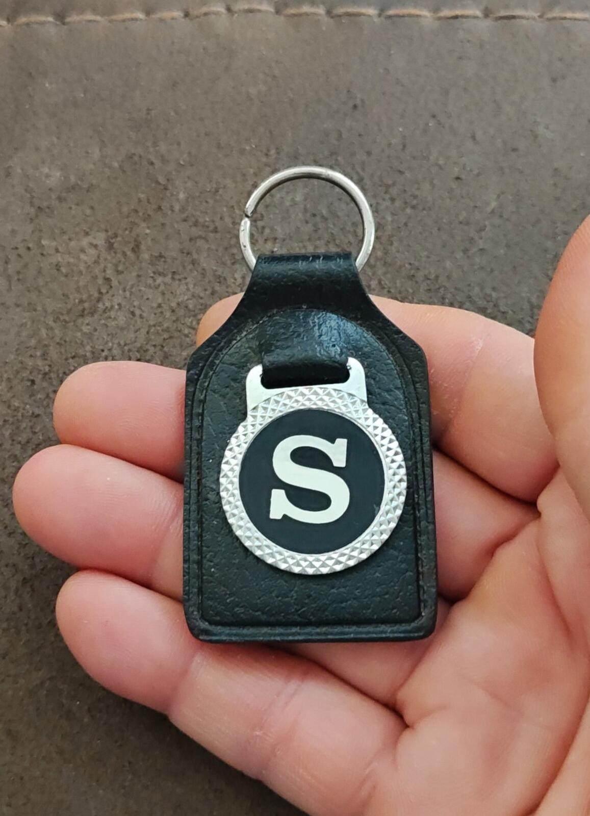 1970s Black Leather Stylized Initial Letter "S" Emblem Keychain/Key Fob