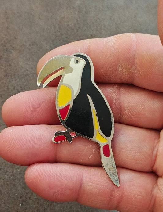 1980s Silver Tone Toucan Bird Enamel Brooch
