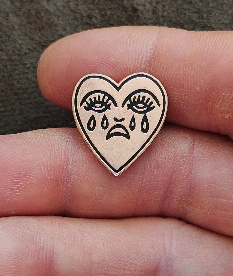 Classic American Traditional Crying Heart Rose Gold Tone & Black Enamel Pin