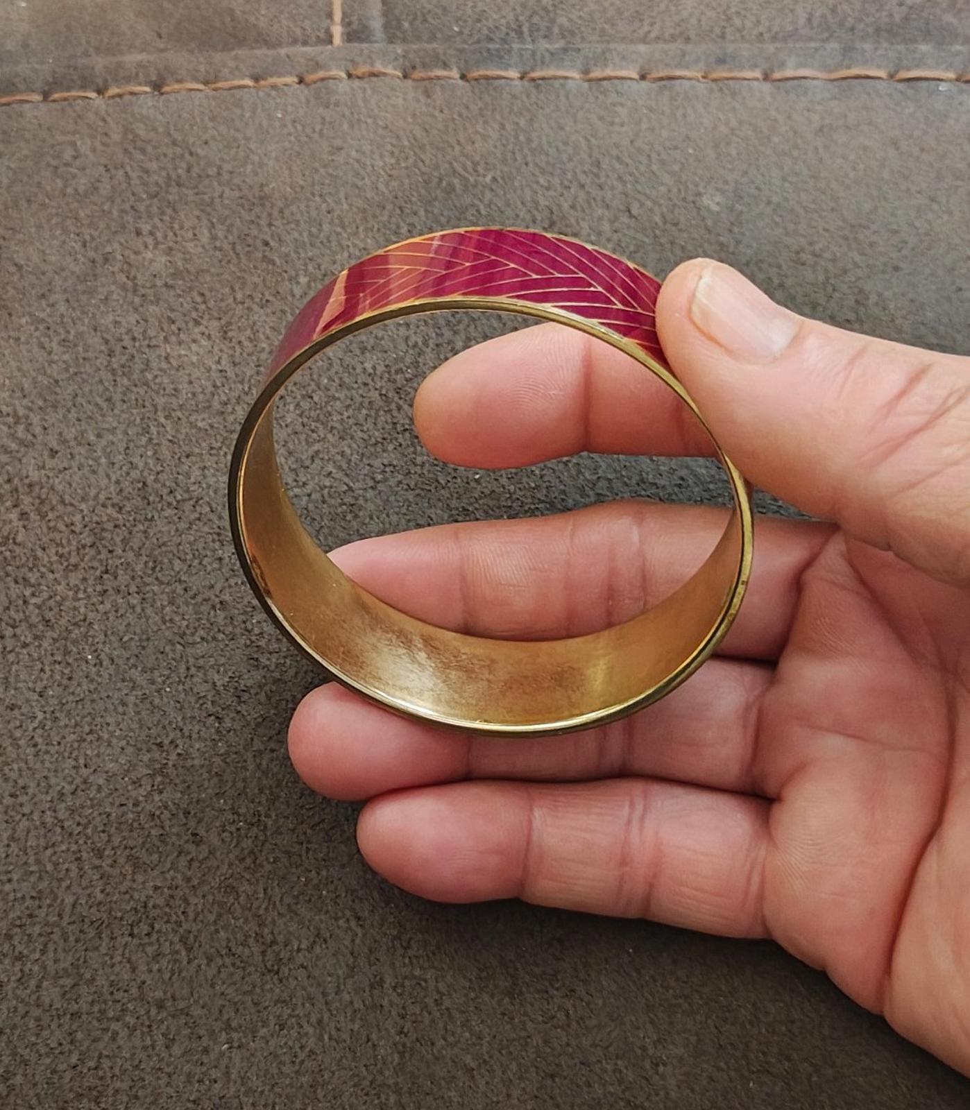 1990s J.Crew Gold Plated With Burgundy Enamel Herringbone Bangle Bracelet