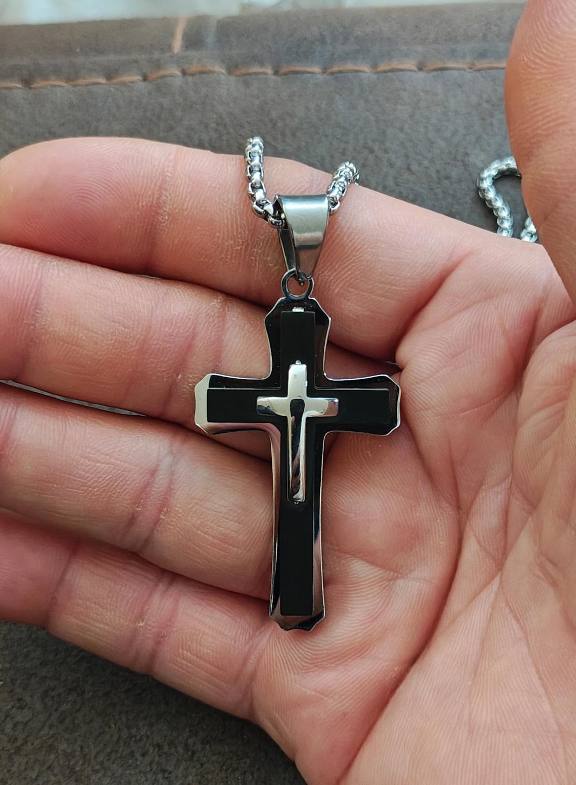 Black and Silver with 26" Silver Tone Chain Cross Pendant Necklace