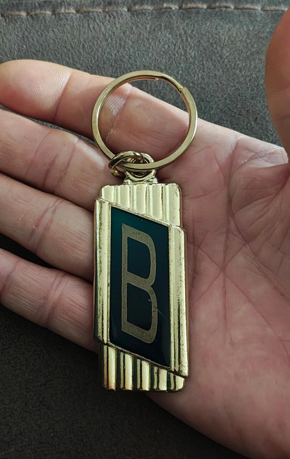 1970s Vintage Art Deco Style Crownmark Initial Letter "B" Gold Tone Keychain