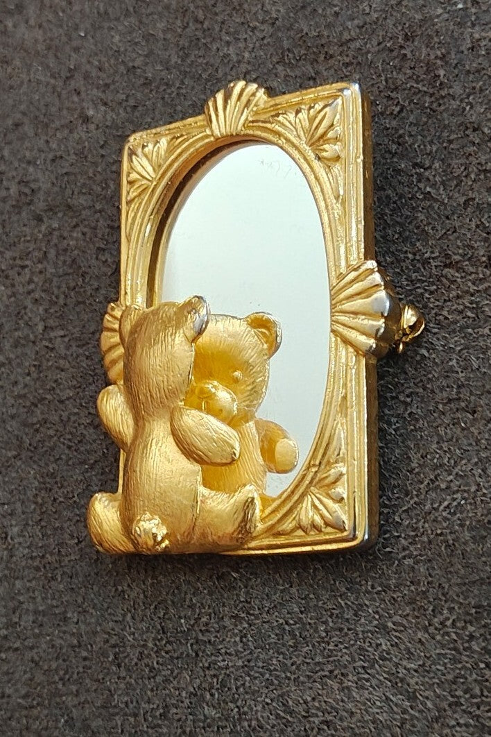 1980s Signed JJ Teddy Bear Looking In Mirror Gold-Tone Brooch Pin