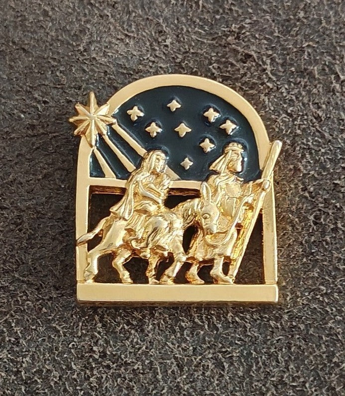 1994 Avon "Holy Family" Nativity Christmas Gold Tone & Dark Blue Enamel Pin