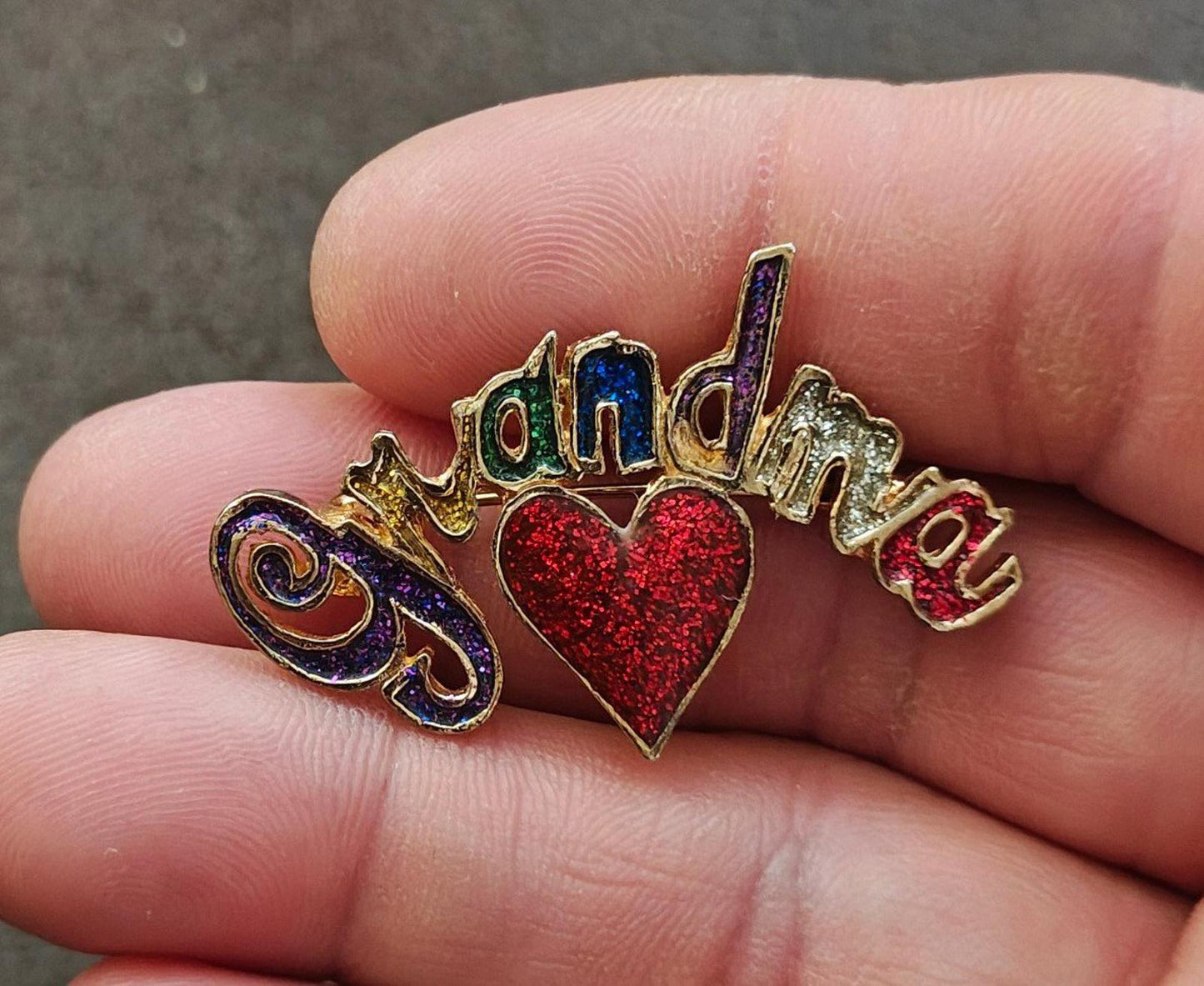1980s Rainbow Glitter Gold Tone Grandma Brooch