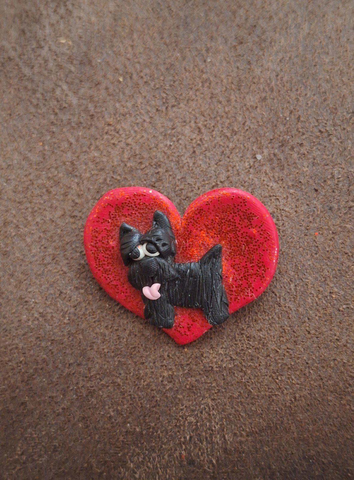 Glittery Red Heart With Black Scotty Dog With Pink Tongue Sticking Out Pin