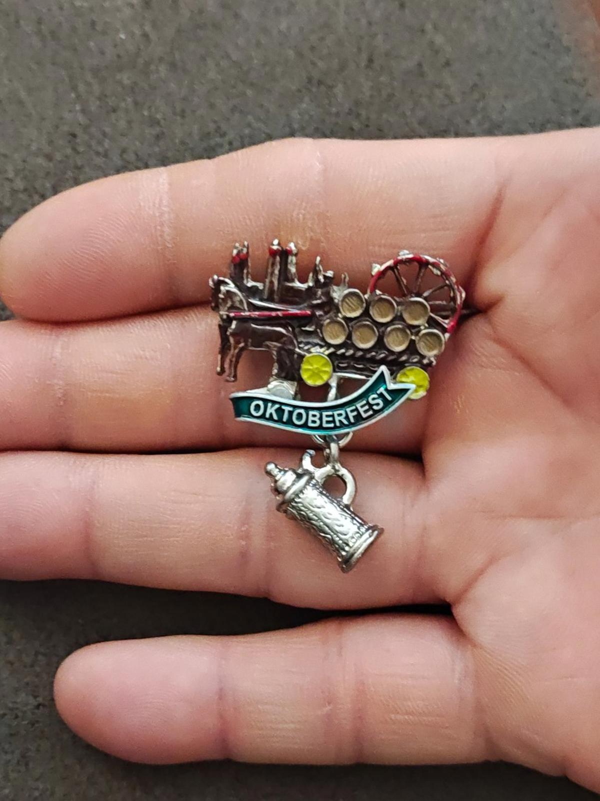 German Oktoberfest Beer Wagon With a Banner and a Dangling Beer Stein Brooch