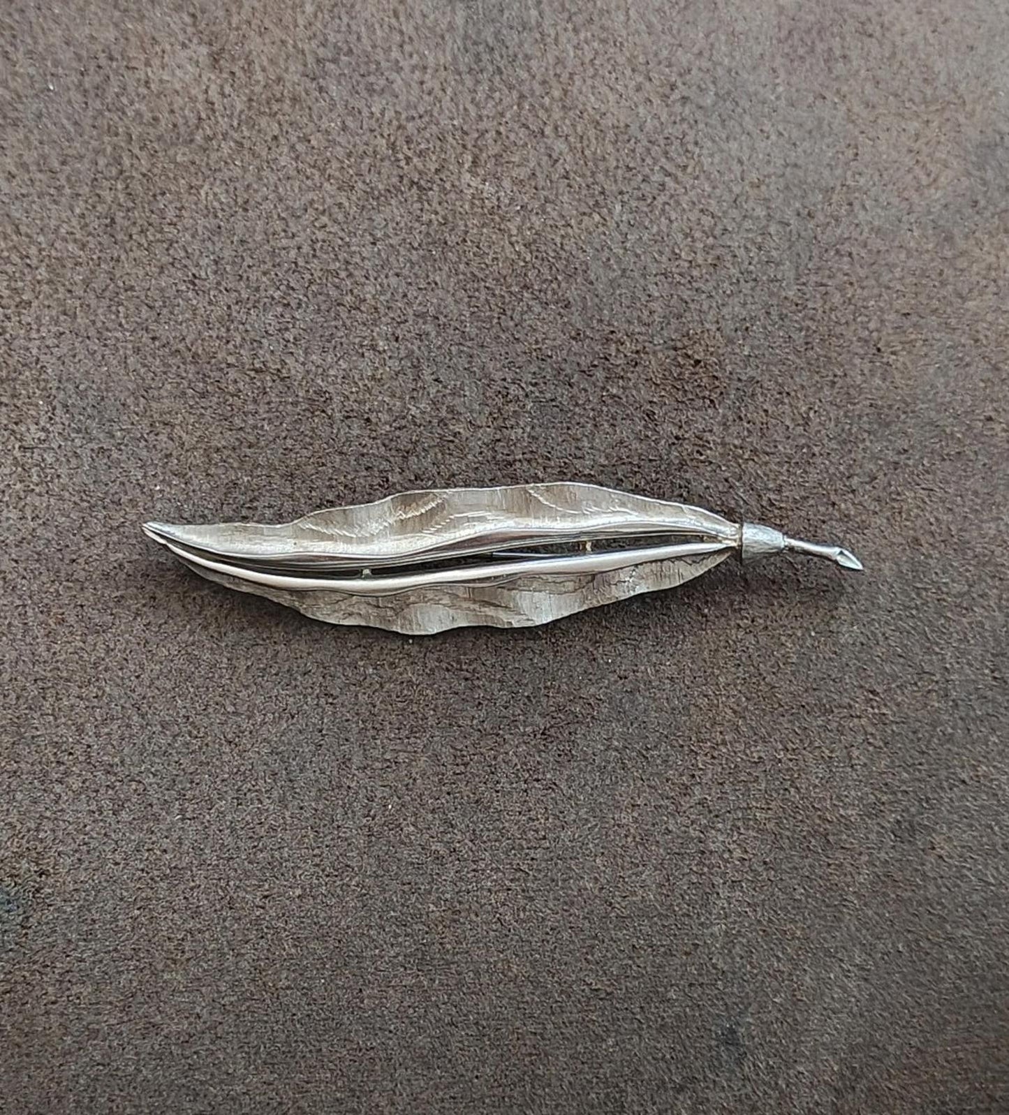 1970s Silver Tone Hand Forged Hammered Leaf Brooch