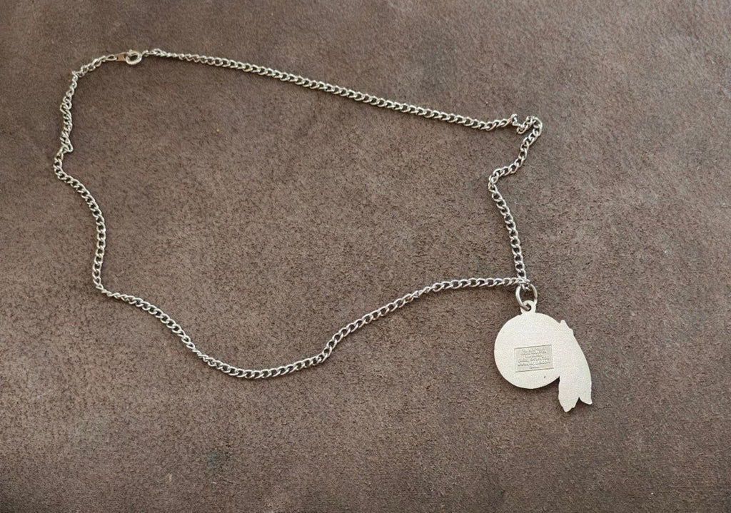 Silver necklace chain with round team logo pendant and small feather tag