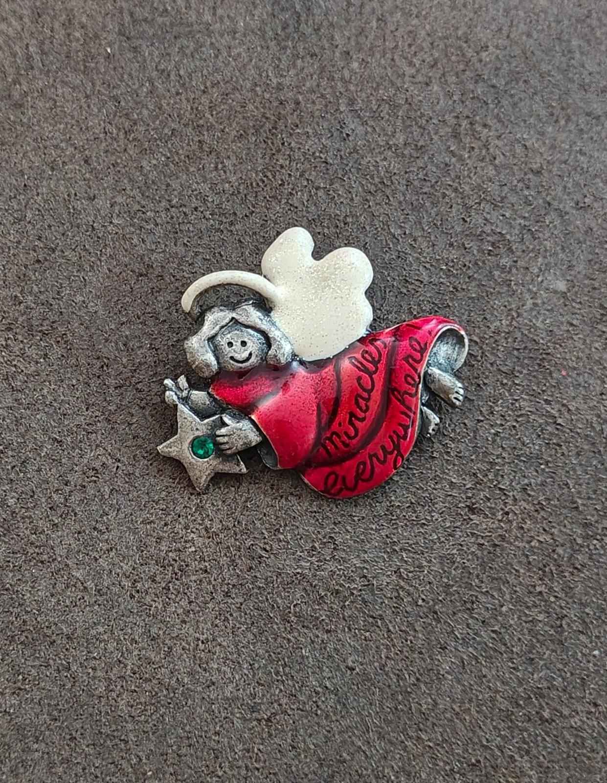 1980's Glittery Enamel Angel with Rhinestone Brooch