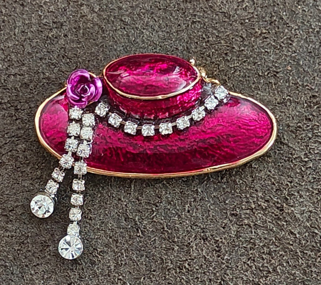 1990s Red Hat Society Gold Tone With Sparkling Rhinestones Enamel Brooch
