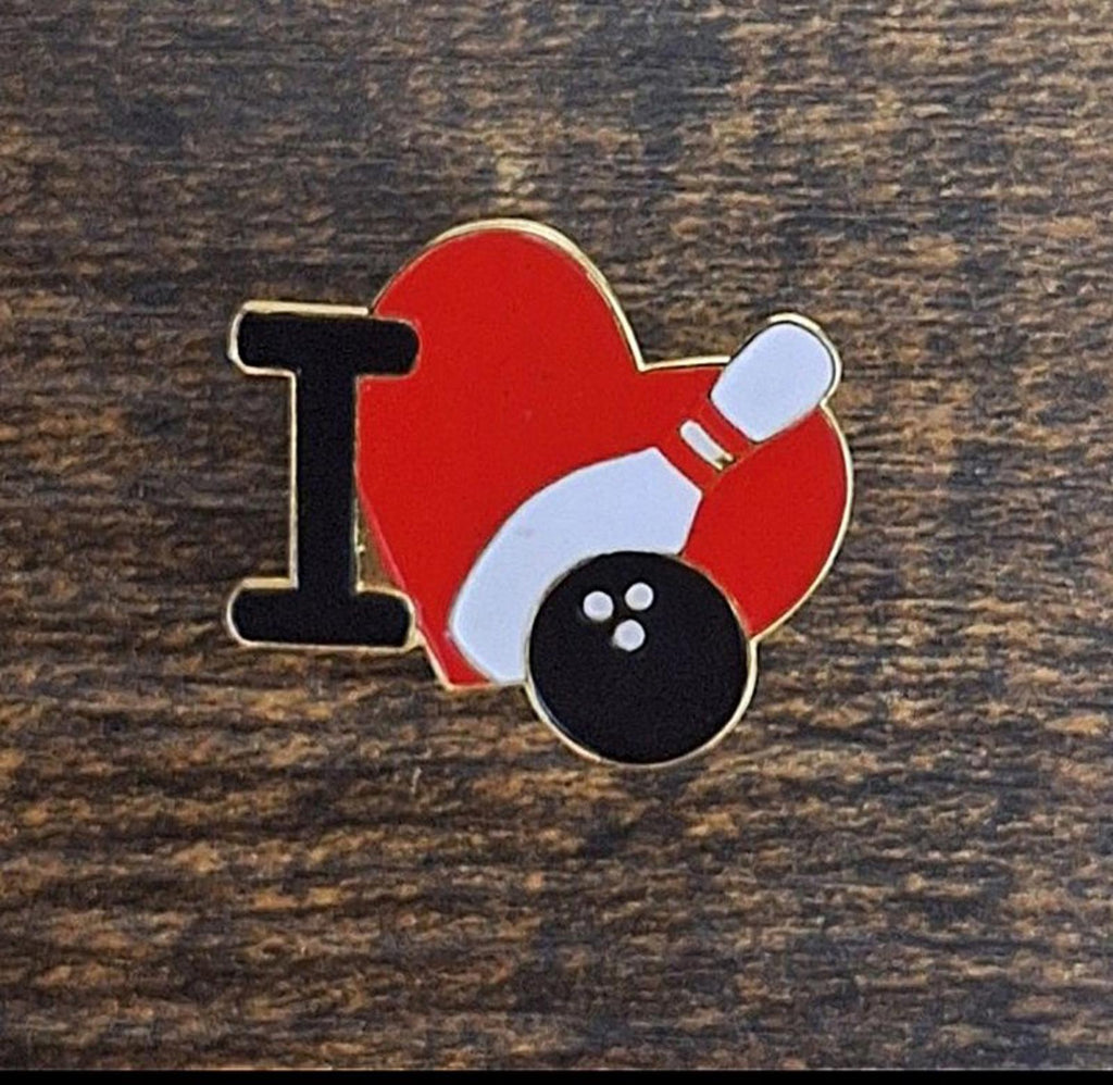 I Love Heart Bowling Gold Tone Enamel Pin.