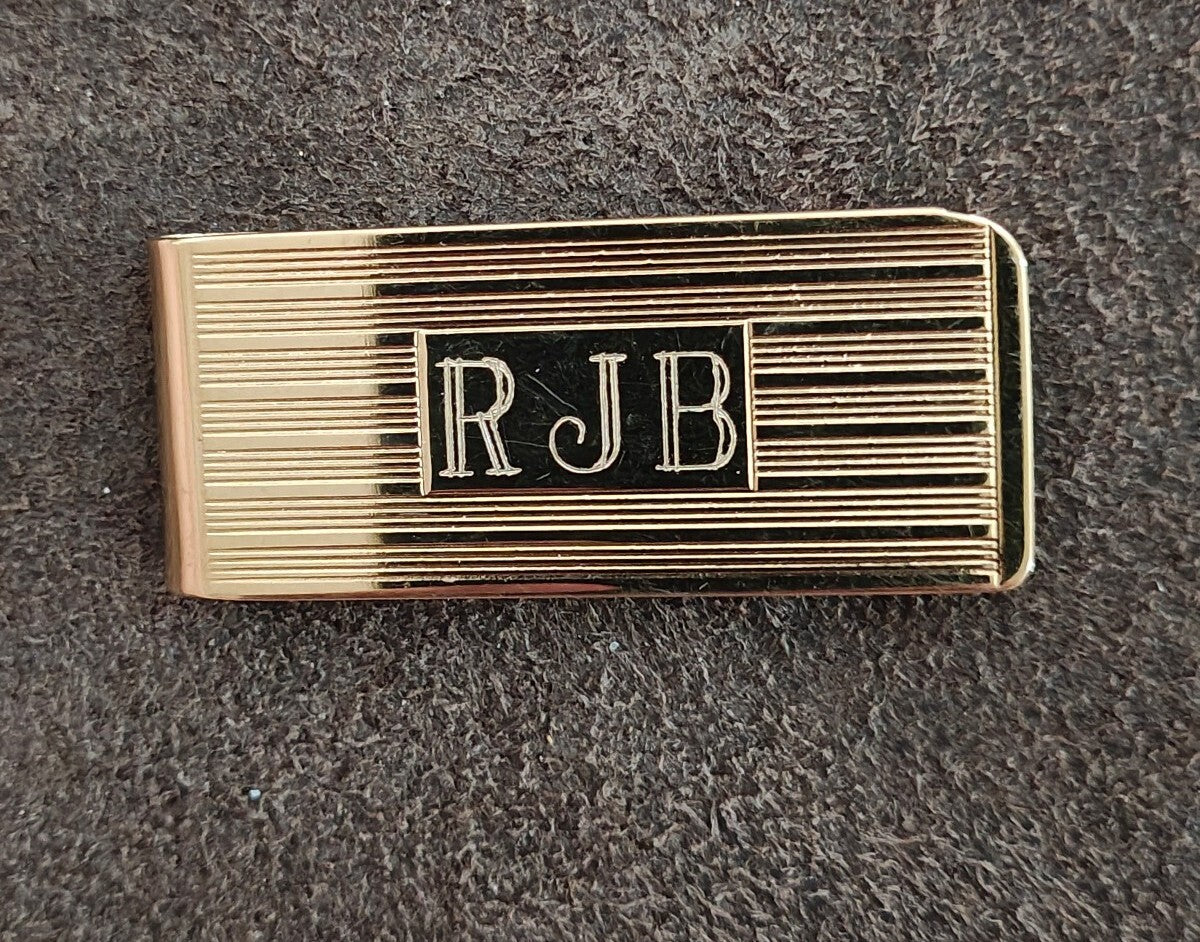 1960s Gold-Tone Engine-Turned Money Clip Monogrammed "RJB"