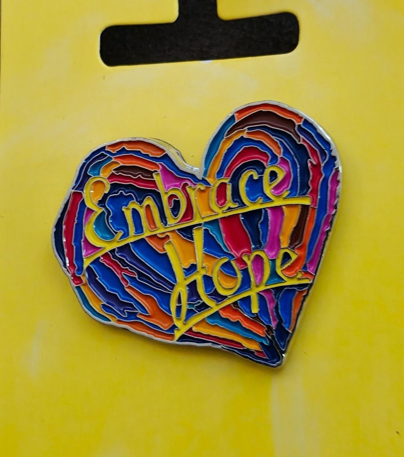 1990s Penzeys Spices Embrace Hope Rainbow Heart Enamel Pin New