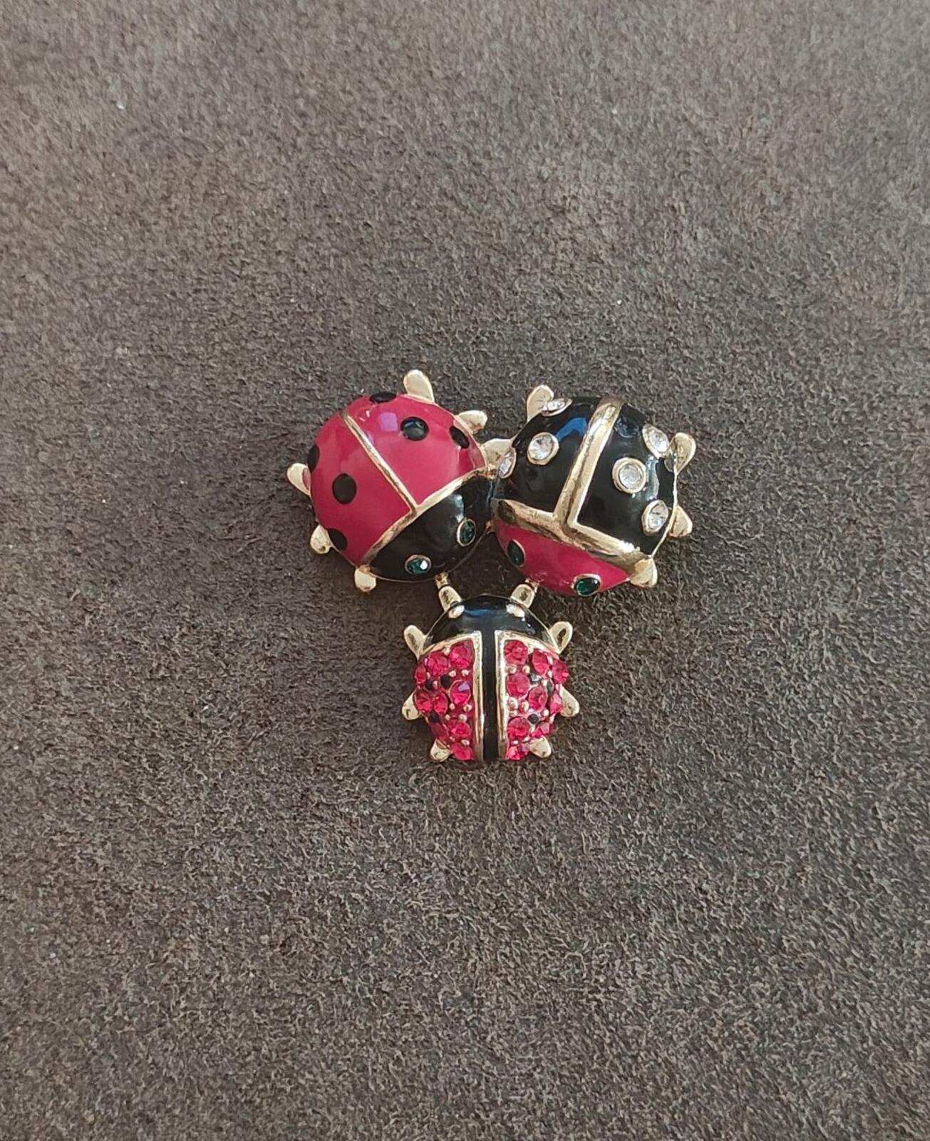 Gold Tone With Black & Red Enamel, Red & Clear Rhinestones Ladybug Trio Brooch