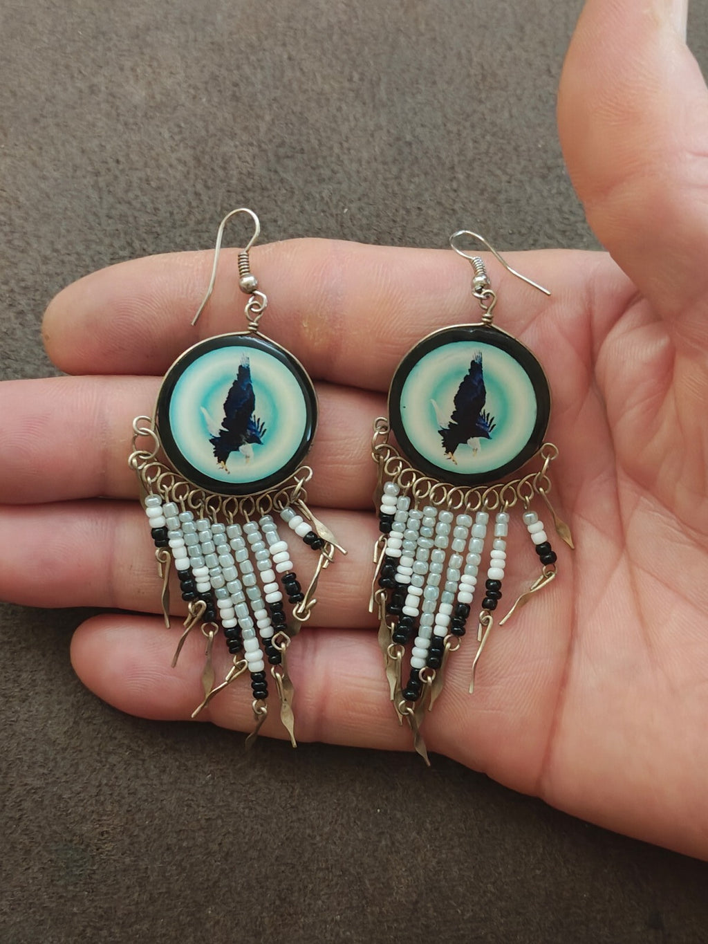 Native American Style Eagle Beaded Fringe Dangle Earrings