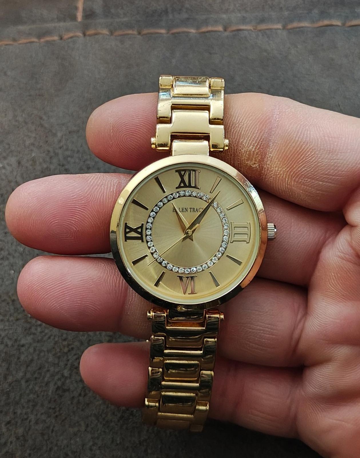Ellen Tracy Roman Numerals Gold Dial With Crystal Accents Ladies Watch