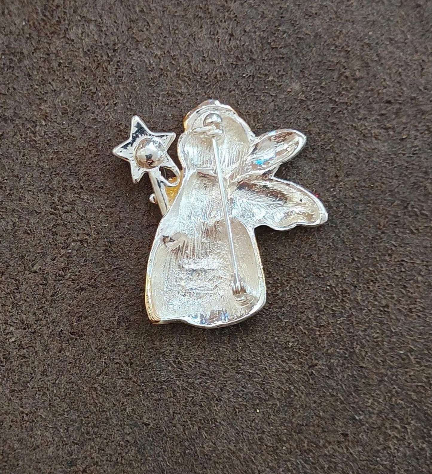 1980's Angel With Star Wand Two Tone Rhinestones Brooch
