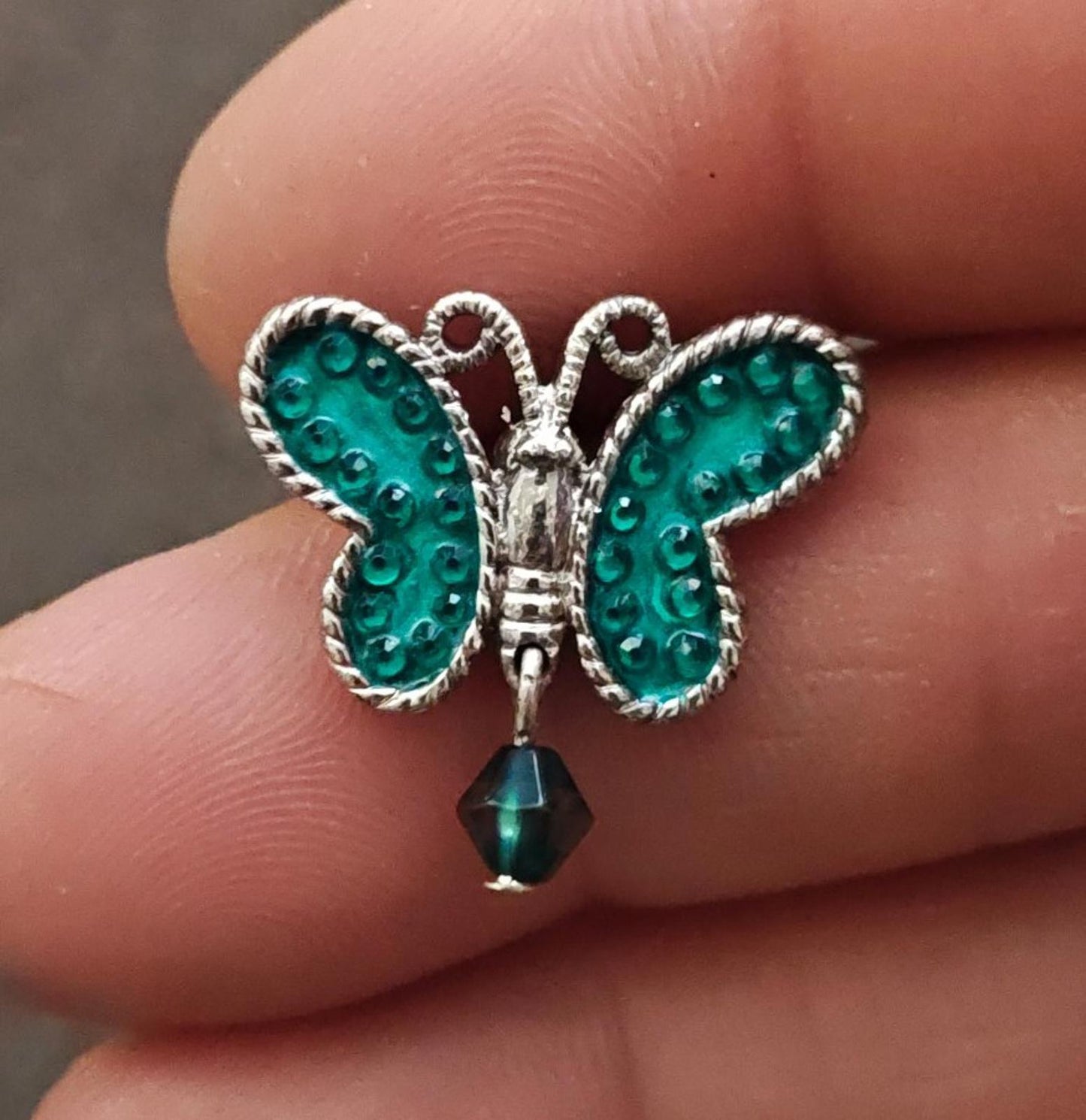 1980s Signed Avon Aqua Color Silver Tone Butterfly Dangle Pin