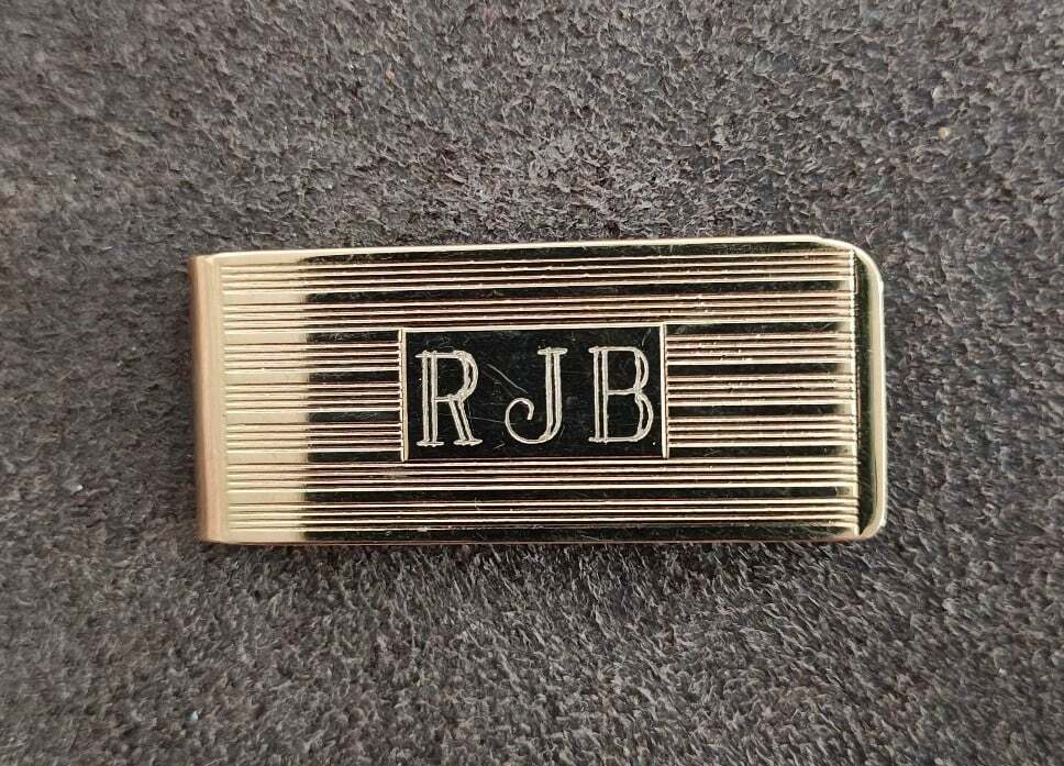 1960s Gold-Tone Engine-Turned Money Clip Monogrammed "RJB"