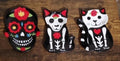 3-piece trinket plate set of black sugar skull cat designs with red flower accents