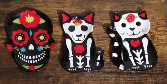 Set Of 3-3D Black Sugar Skull Skeleton Cat Day Of The Dead Trinket Plates