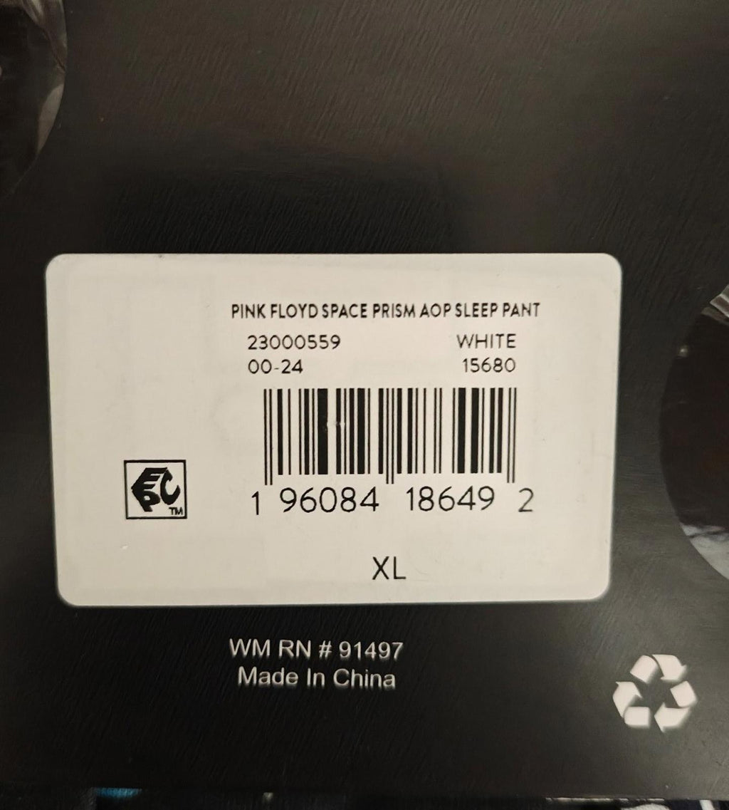XL sleep pant product label with barcode and 'Made in China'