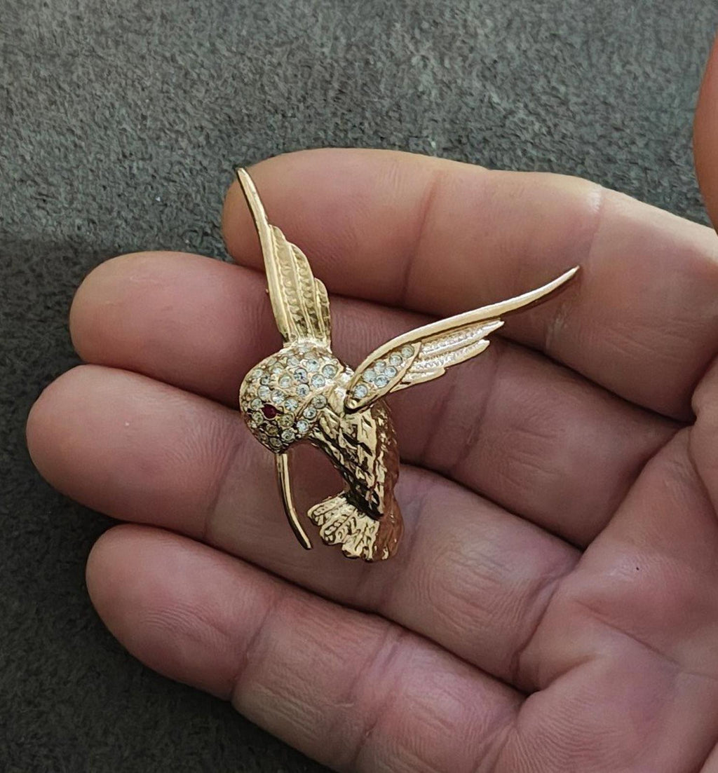 80's Gold Tone Hummingbird With Clear and Red Rhinestones