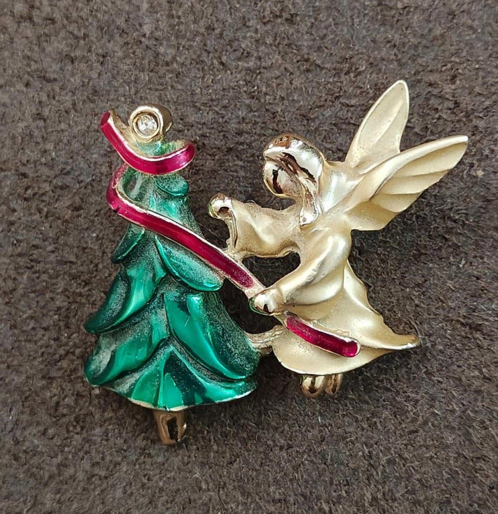 Enamel angel and Christmas tree brooch pin, green tree with red top, gold-tone angel