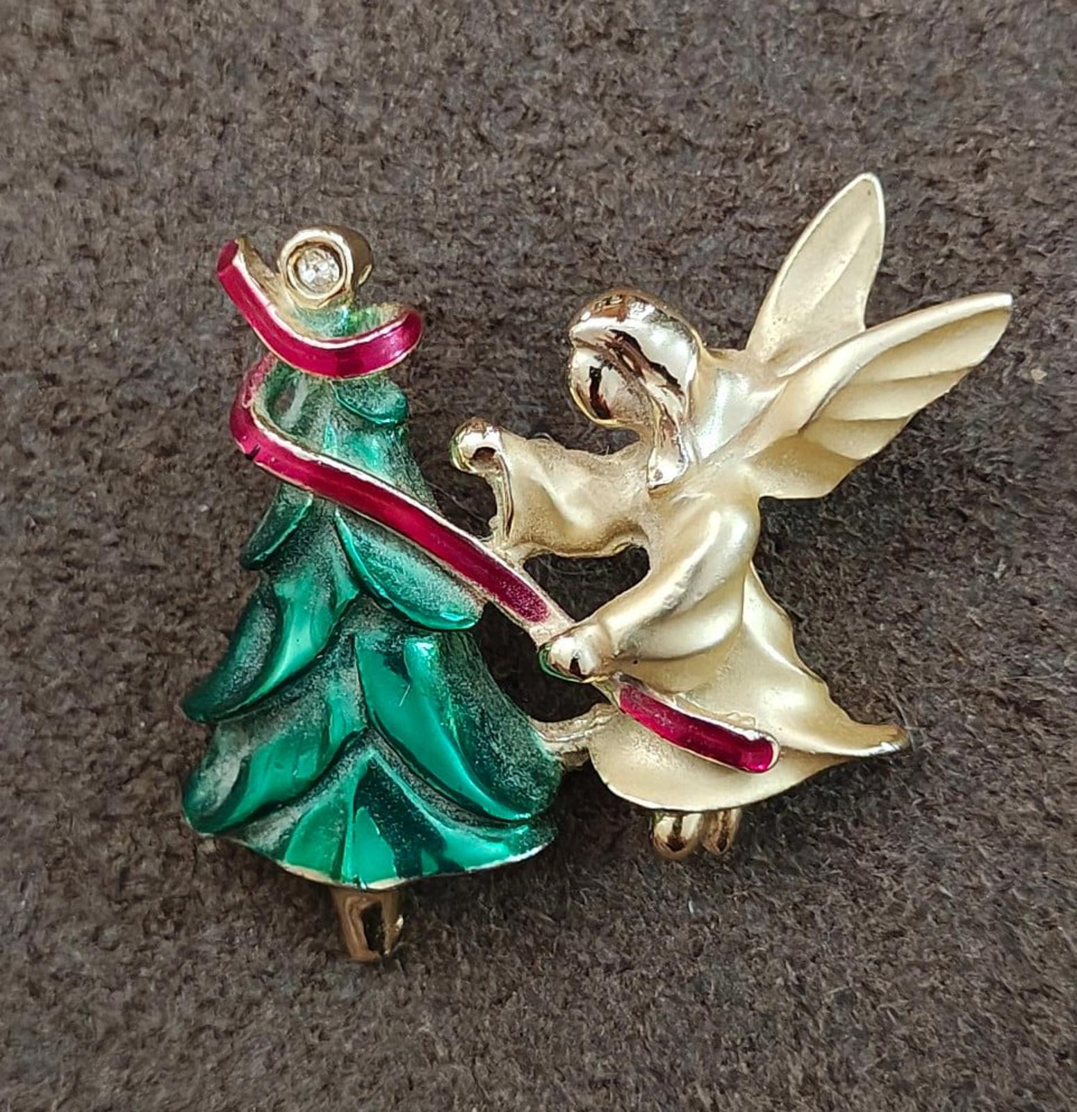 Enamel angel and Christmas tree brooch pin, green tree with red top, gold-tone angel