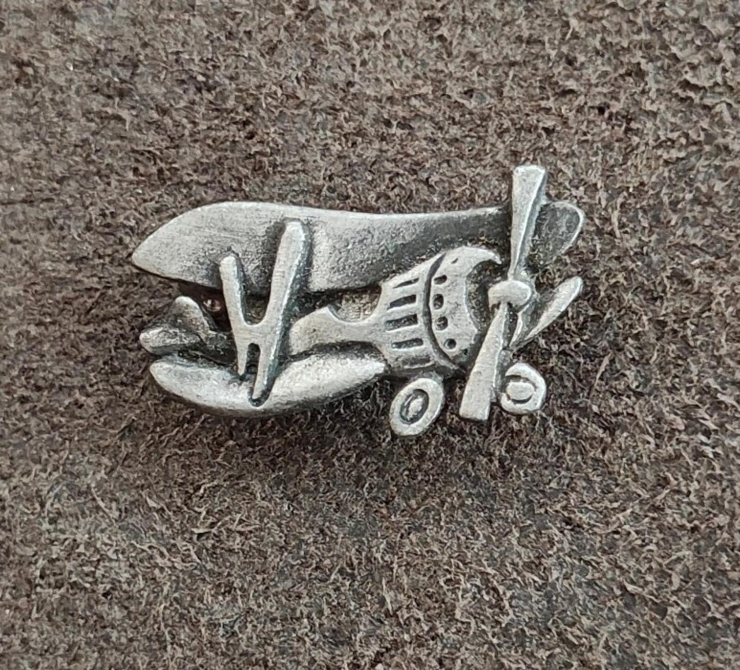 1970s Signed AJR Company Pewter Biplane Airplane Brooch Pin